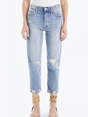 MOTHER Light Blue Distressed Ankle Cropped Jeans